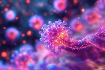 Vibrant microscopic virus cell illustration showcasing infectious pathogen structure with brilliant purple pink glow for disease research and medical science health concept.