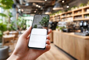 Customer using mobile payment app in cozy coffee shop