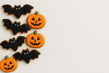 halloween cookies shaped as bats and pumpkins on white table with large clean copyspace concept of bakery and seasonal food