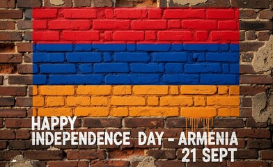 Happy Independence Day Armenia 21 September Flag Painted on Old Brick Wall with Rustic Texture.