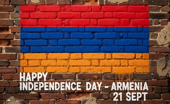 Happy Independence Day Armenia 21 September Flag Painted on Old Brick Wall with Rustic Texture.