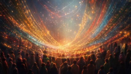 A large crowd gazes upward at a radiant, celestial light