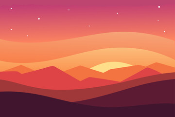 Sunset over layered mountain landscape art