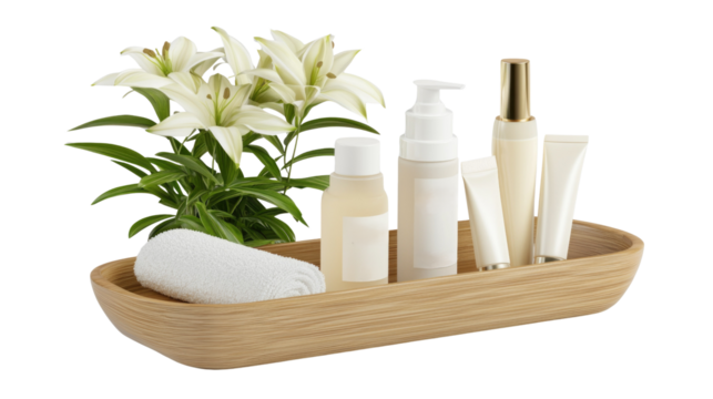 Elegant Spa Arrangement with Bottles, Towels, and Fresh White Lilies on a Wooden Tray for Relaxation and Wellness