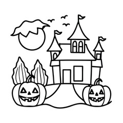 hand drawn halloween scene haunted house and pumpkin