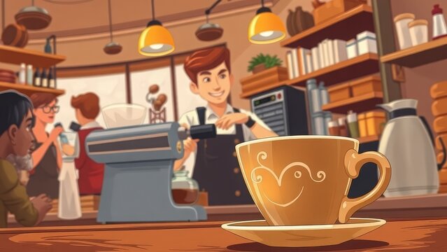 A lively coffee shop interior featuring a barista preparing drinks with a cheerful cup in focus.