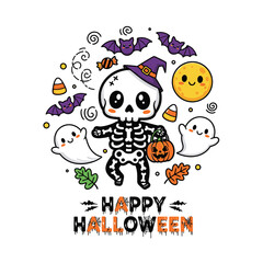 Spooky Halloween Cartoon Characters with Pumpkin and Ghost