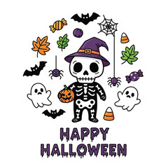 Spooky Halloween Cartoon Characters with Pumpkin and Ghost