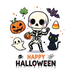 Spooky Halloween Cartoon Characters with Pumpkin and Ghost