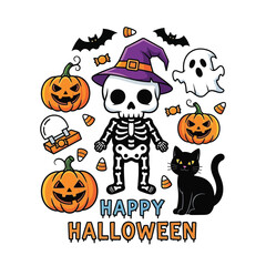 Spooky Halloween Cartoon Characters with Pumpkin and Ghost