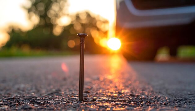 Single nail in asphalt road at sunset