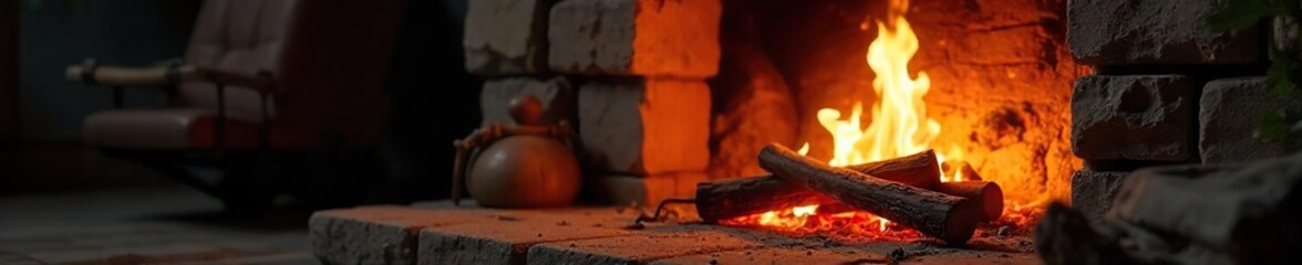 Cozy and inviting hearth, glowing embers casting a warm light on a rustic stone fireplace Perfect for home, comfort, autumn, winter themes , peace, architecture