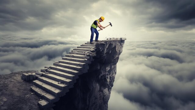 Worker hammering on precarious clifftop steps