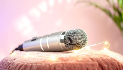 Obraz premium Silver Microphone on Pink Velvet Pillow