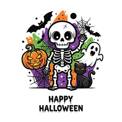 Spooky Halloween Cartoon Characters with Pumpkin and Ghost