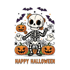 Spooky Halloween Cartoon Characters with Pumpkin and Ghost