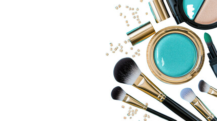 Colorful Makeup Products with Brushes on Dark Background for Beauty and Fashion Enthusiasts