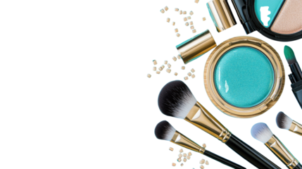 Colorful Makeup Products with Brushes on Dark Background for Beauty and Fashion Enthusiasts