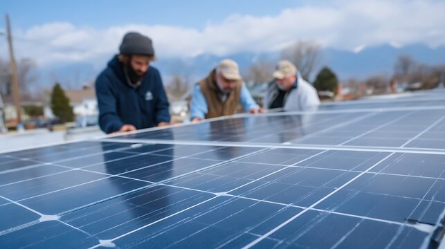community solar panel installation with neighbors of different backgrounds working together on residential rooftop