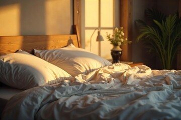 Soft, warm light illuminates a cozy bed scene, perfect for relaxation and sleep The inviting atmosphere is enhanced by subtle shadows and textures , interior, home, lamp