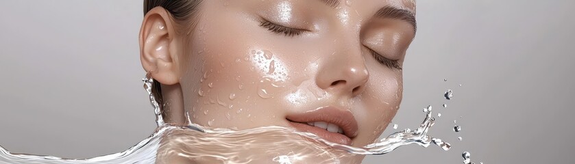 Fototapeta premium A serene close-up of a woman's face partially submerged in water, showcasing radiant skin and droplets glistening around her.