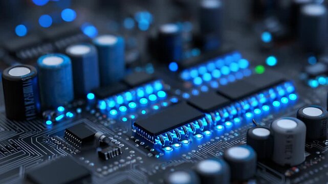 Circuit motherboard microchip resistor capacitor transistor blue technology closeup electronics with glowing blue LED components modern circuit board