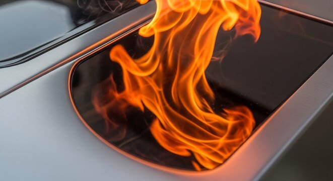 Vibrant orange flames dancing in a modern tabletop fireplace, a symbol of interior warmth, cozy energy, and comfortable living