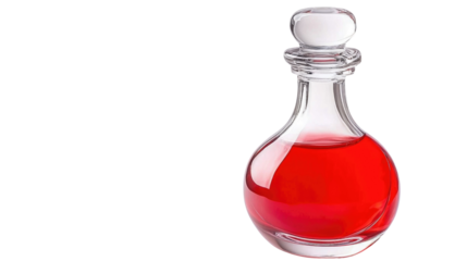 Elegant glass bottle containing red liquid, showcasing the beauty of wine, perfume, or potion for decorative purposes