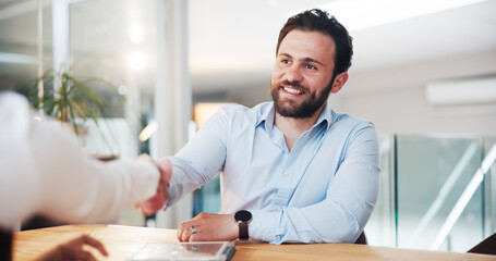 Partnership, business deal or man in office with handshake, recruitment or agreement on terms and...