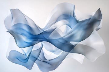 Abstract flowing shapes in shades of blue and white against a light background.