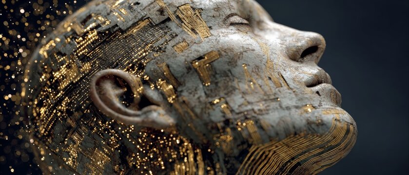 Digital prophet in a realm of infinite potential. Print ready. Interstellar peacekeeper embodies the future of human and technology. Design template. Studio shot.