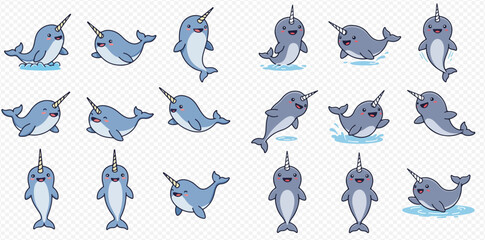 A delightful collection of cute cartoon narwhals in various playful poses, swimming and smiling with joy on a transparent background. © ArtLuna Studio