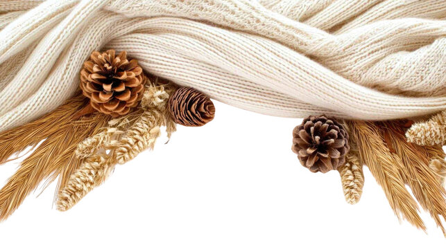Cozy knit scarf with natural elements like pine cones and dried wheat, autumn decor for warm seasonal ambiance
