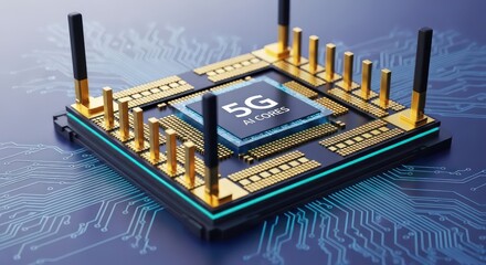 Sleek 5G AI Core Processor with Gold Pins and Antennas on a Glowing Circuit Board.