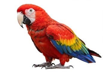 Obraz premium Vibrant scarlet macaw displays its striking plumage against a plain white backdrop.
