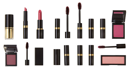 Obraz premium Collection of Various Lipsticks, Creams, and Accessories Displayed on White Background in Sleek Black Packaging