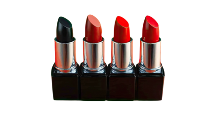 Collection of vibrant lipsticks in various shades arranged neatly on a white background for beauty and cosmetics themes