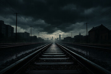 Dramatic train tracks leading to city skyline under stormy sky moody urban landscape photography