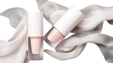 Elegant cosmetic bottles on soft silk fabric creating a luxurious beauty product display inspired by modern design aesthetics