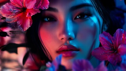 Ethereal Beauty: Asian Woman Surrounded by Blooming Flowers with Vibrant Lighting - Powered by Adobe