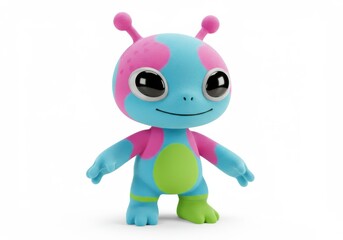 Fototapeta premium A cheerful, cartoonish alien character, vibrant in its mix of bright blue, pink, and lime green colors, stands against a plain white background.