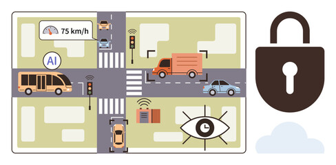 AI-powered traffic management with vehicles, speed adjustment, surveillance, sensors, and security lock. Ideal for technology, transportation, AI safety automation security urban planning. Simple