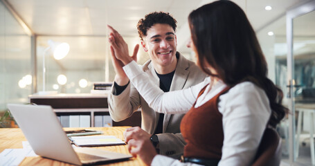 Laptop, team and high five with business people in office for account growth, winner and profit, Achievement, investment bonus and collaboration with employees in agency for partnership and promotion