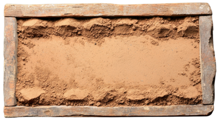 Rustic wooden frame filled with fine brown sand, natural background texture for creative projects or design elements