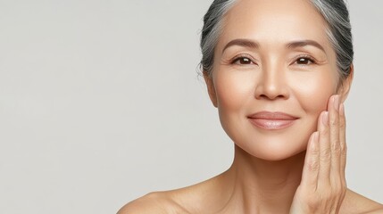 A smiling mature woman gently touching her face, showcasing radiant skin and confidence, highlighting beauty and self-care.