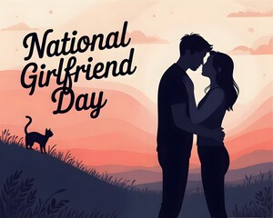 A romantic illustration for National Girlfriend Day, featuring the loving silhouette of a couple embracing against a beautiful sunset.