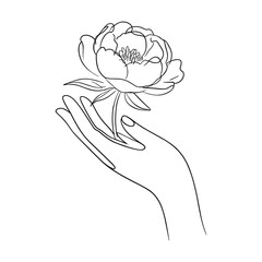 Elegant line art depicting a delicate hand gently holding a blooming flower