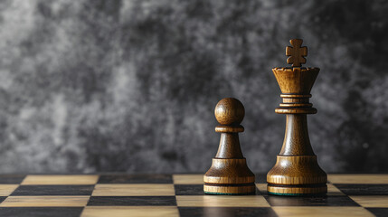 Two chess pieces, a pawn and a queen, on a chessboard with space for text. Chess illustration on a gray background.