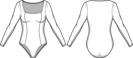 Fashion flat sketch front and back view of a white long sleeve square neck bodysuit drawing