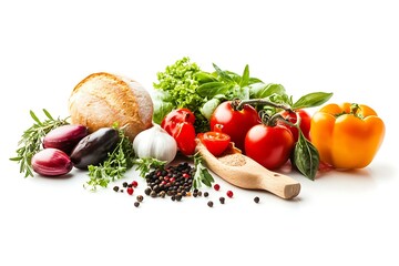 Fresh Produce Still Life with Vegetables, Herbs, Spices and Bread on White